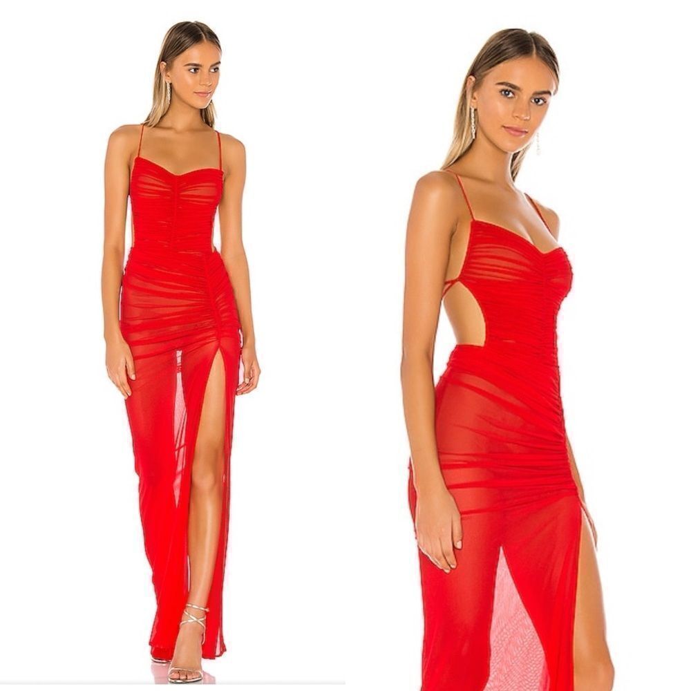 Michael Costello x Revolve Follie Dress red mesh maxi mini gown slip Sz XS NWT